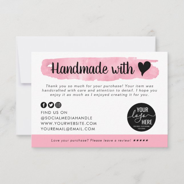 Handmade with Love Heart Pink Business Logo Here Thank You Card (Front)