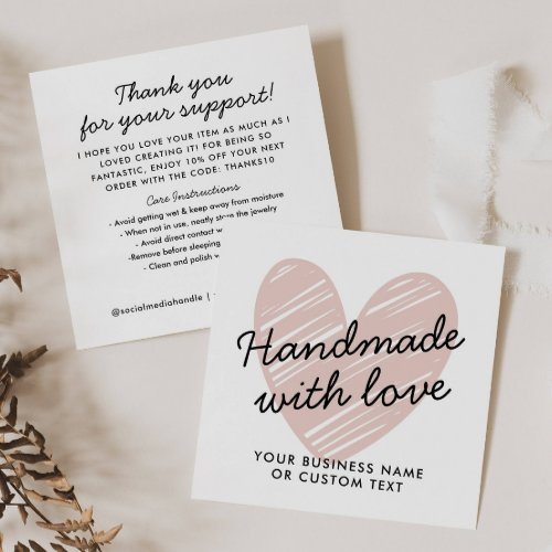 Handmade with Love Heart Thank You Jewelry Care Enclosure Card