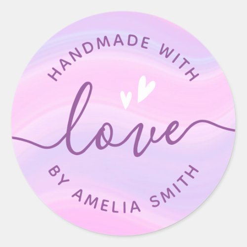 Handmade with love hearts add name pink purple classic round sticker