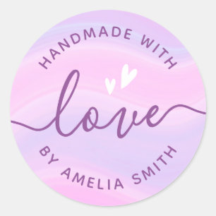 Handmade with love hearts add name pink purple classic round sticker