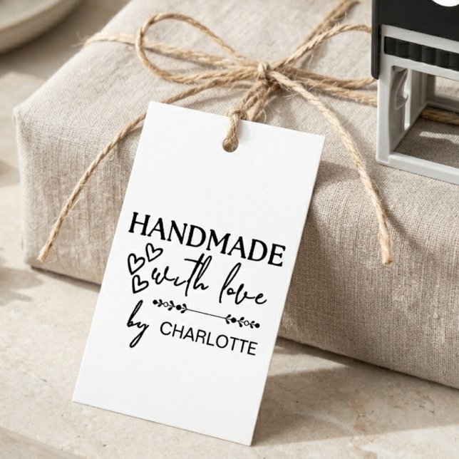 Handmade With Love Hearts Elegant Script Foliage Self-inking Stamp (handmade with love foliage script  )