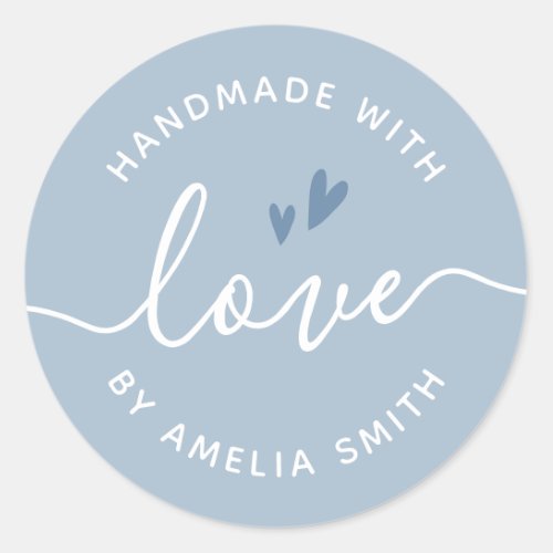 Handmade with love hearts name dusty light blue classic round sticker