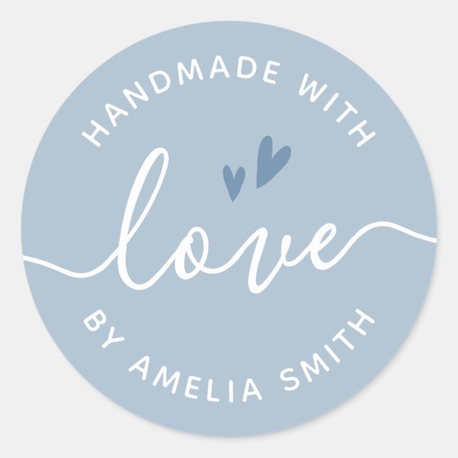 Handmade with love hearts name dusty light blue classic round sticker (Front)