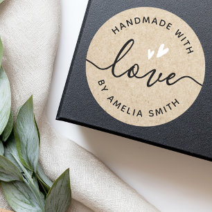Handmade with love hearts name Kraft paper look Classic Round Sticker