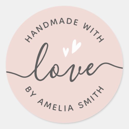 Handmade with love hearts name light blush pink classic round sticker