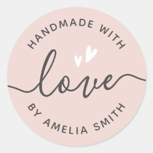 Handmade with love hearts name light blush pink classic round sticker