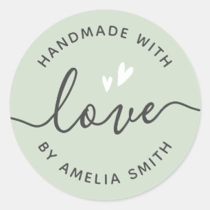 Handmade with love hearts name light sage green classic round sticker