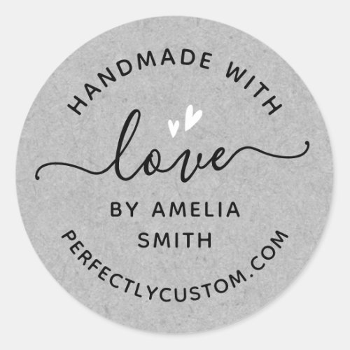 Handmade with love hearts name URL gray paper Classic Round Sticker