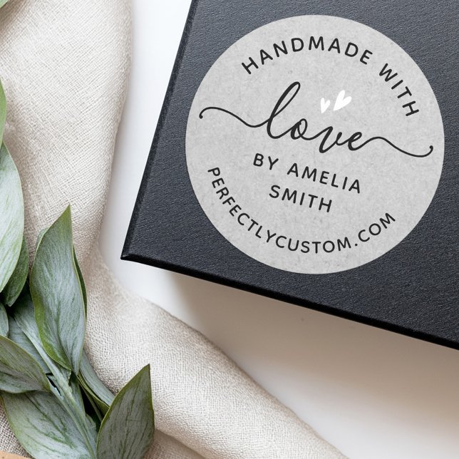 Handmade with love hearts name URL gray paper Classic Round Sticker (Handmade with love hearts name URL gray paper Classic Round Sticker)