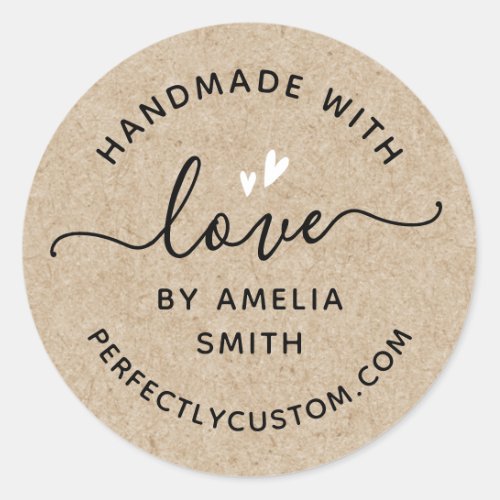 Handmade with love hearts name URL Kraft look Classic Round Sticker
