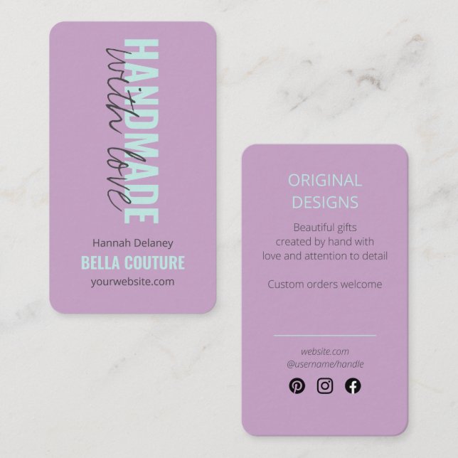 Handmade with Love in Oversized Typography Lilac Business Card (Front/Back)