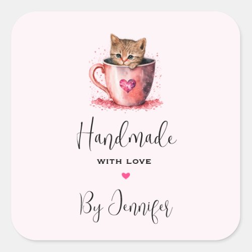 Handmade with Love Kitten in a Teacup with Hearts Square Sticker
