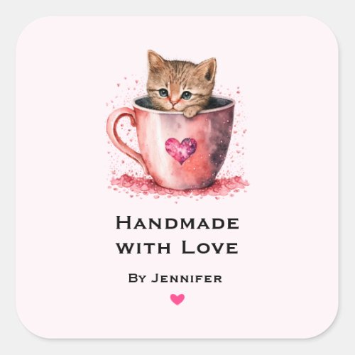 Handmade with Love Kitten in a Teacup with Hearts Square Sticker
