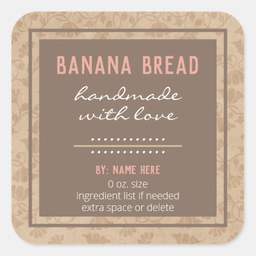 Handmade with Love Kraft Floral Banana Bread Square Sticker
