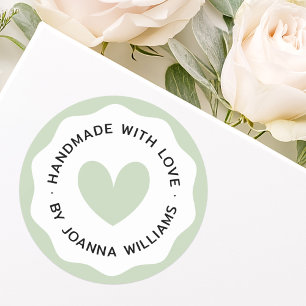 Handmade with love light sage green wavy border classic round sticker