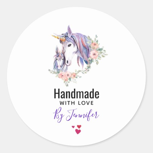 Handmade with Love Magical Unicorns Watercolor Classic Round Sticker