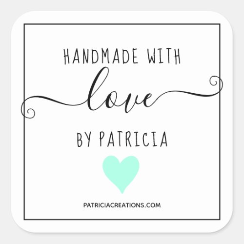 Handmade with love mint heart craft business square sticker