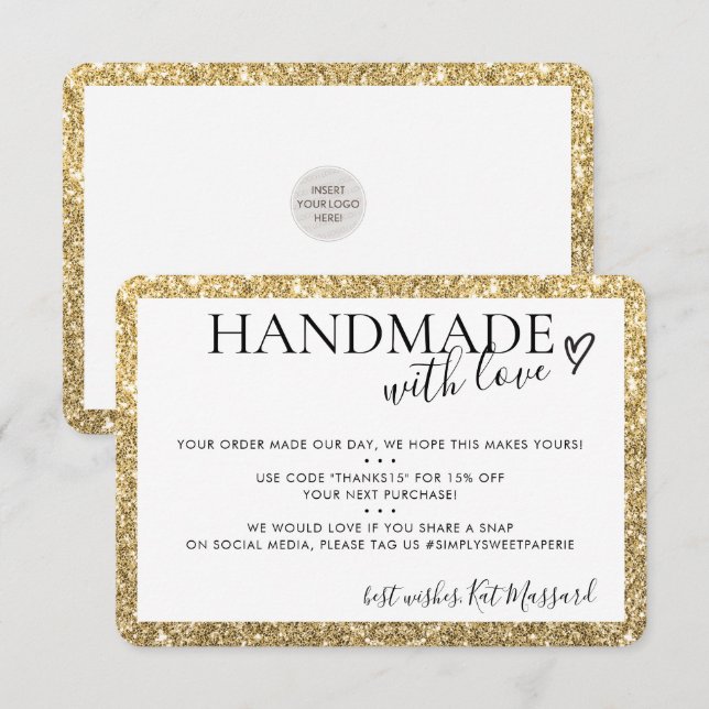 HANDMADE WITH LOVE modern chic faux gold glitter Thank You Card (Front/Back)