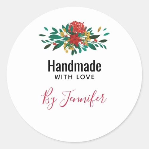 Handmade with Love Modern Red Green  Gold Floral Classic Round Sticker