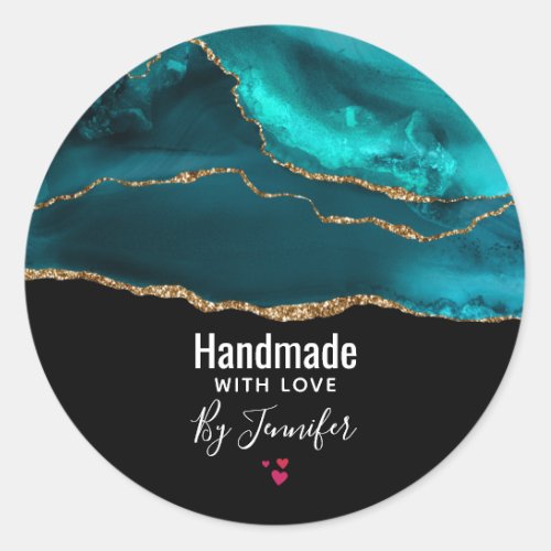 Handmade with Love Modern Teal Agate  Gold Ribbon Classic Round Sticker