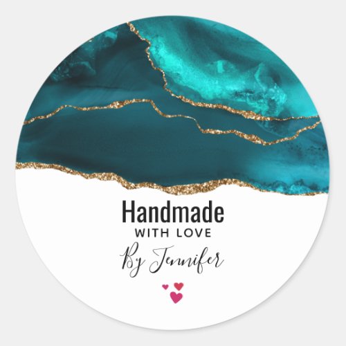 Handmade with Love Modern Teal Agate  Gold Ribbon Classic Round Sticker