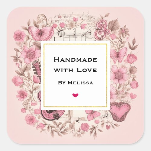 Handmade with Love Music Notes and Flowers Square Sticker