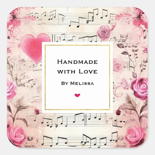 Handmade with Love Musical Notes and Roses Square Sticker