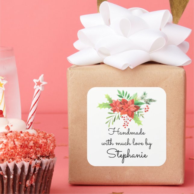 Handmade with Love Name Poinsettia Christmas  Square Sticker (Party)