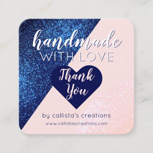 Handmade With Love Navy Blue Pink Glitter Heart Square Business Card