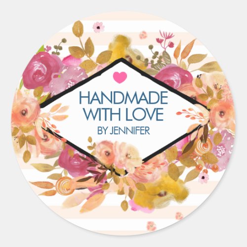 Handmade with Love Orange Pink Flowers Classic Round Sticker
