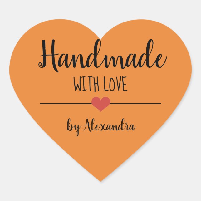 Handmade with love orange script heart heart sticker (Front)