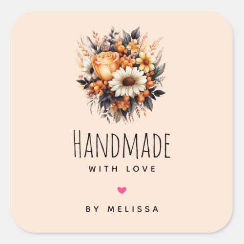 Handmade with Love Orange Yellow Flower Bouquet Square Sticker