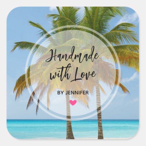 Handmade with Love Palm Trees on a Tropical Beach Square Sticker