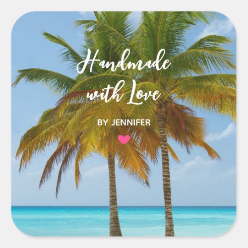 Handmade with Love Palm Trees on a Tropical Beach Square Sticker