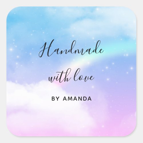 Handmade with Love Pastel Clouds and a Rainbow Square Sticker