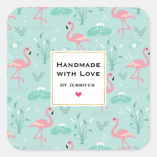 Handmade with Love Pastel Pink Flamingos Pattern Square Sticker
