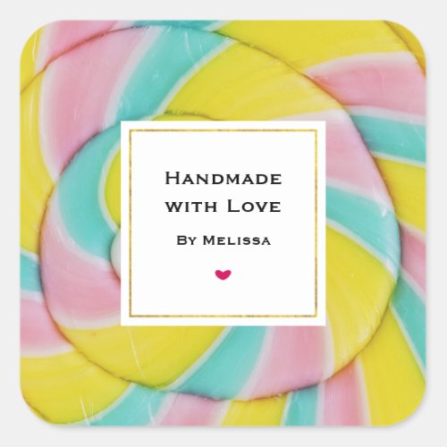 Handmade with Love Pastel Rainbow Spiral Candy Square Sticker