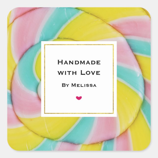 Handmade with Love Pastel Rainbow Spiral Candy Square Sticker (Front)