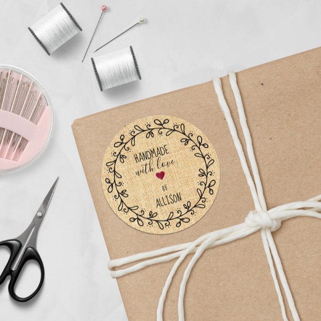 Handmade with Love Personalized Faux Fabric Craft Classic Round Sticker (Creator Uploaded)