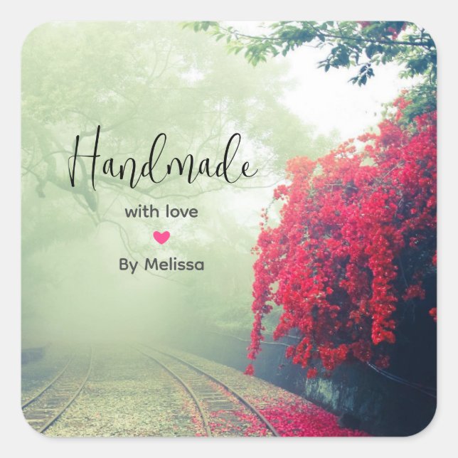 Handmade with Love Photo of Misty Train Tracks Square Sticker (Front)