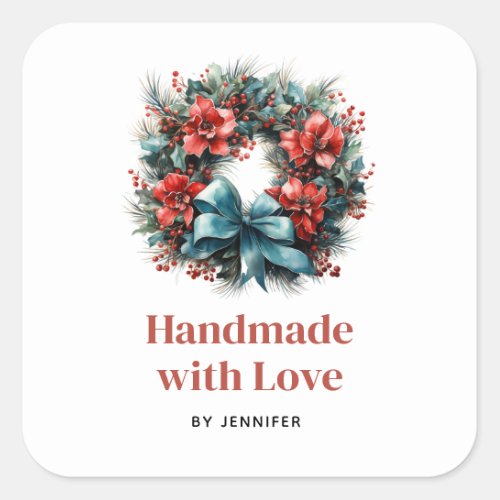 Handmade with Love Pine Wreath with Holly Square Sticker