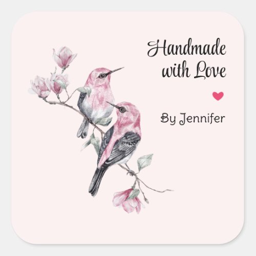 Handmade with Love Pink and Black Birds on a Tree Square Sticker