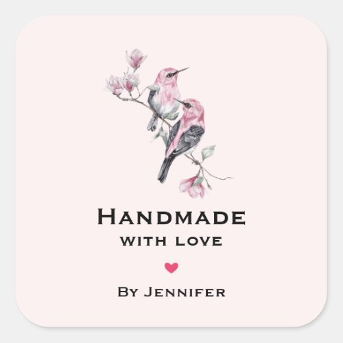 Handmade with Love Pink and Black Birds on a Tree Square Sticker
