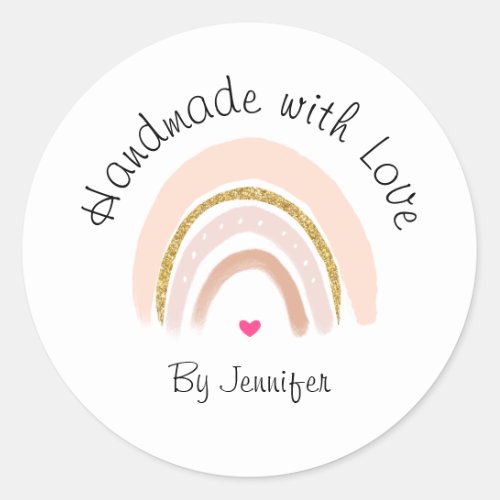 Handmade with Love Pink  Faux Glitter Rainbow Classic Round Sticker