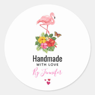 Handmade with Love Pink Flamingo & Tropical Flora Classic Round Sticker