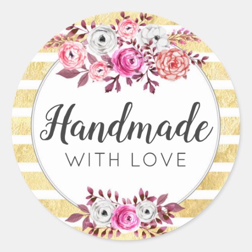 Handmade With Love Pink Floral  Gold Glam Stripe Classic Round Sticker