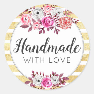 Handmade With Love Pink Floral & Gold Glam Stripe Classic Round Sticker