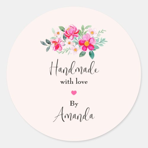 Handmade with Love Pink Flower Bouquet Classic Round Sticker