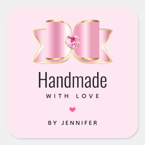 Handmade with Love Pink Glam Bow Fancy and Elegant Square Sticker