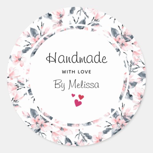 Handmade with Love Pink  Gray Floral Pattern Classic Round Sticker